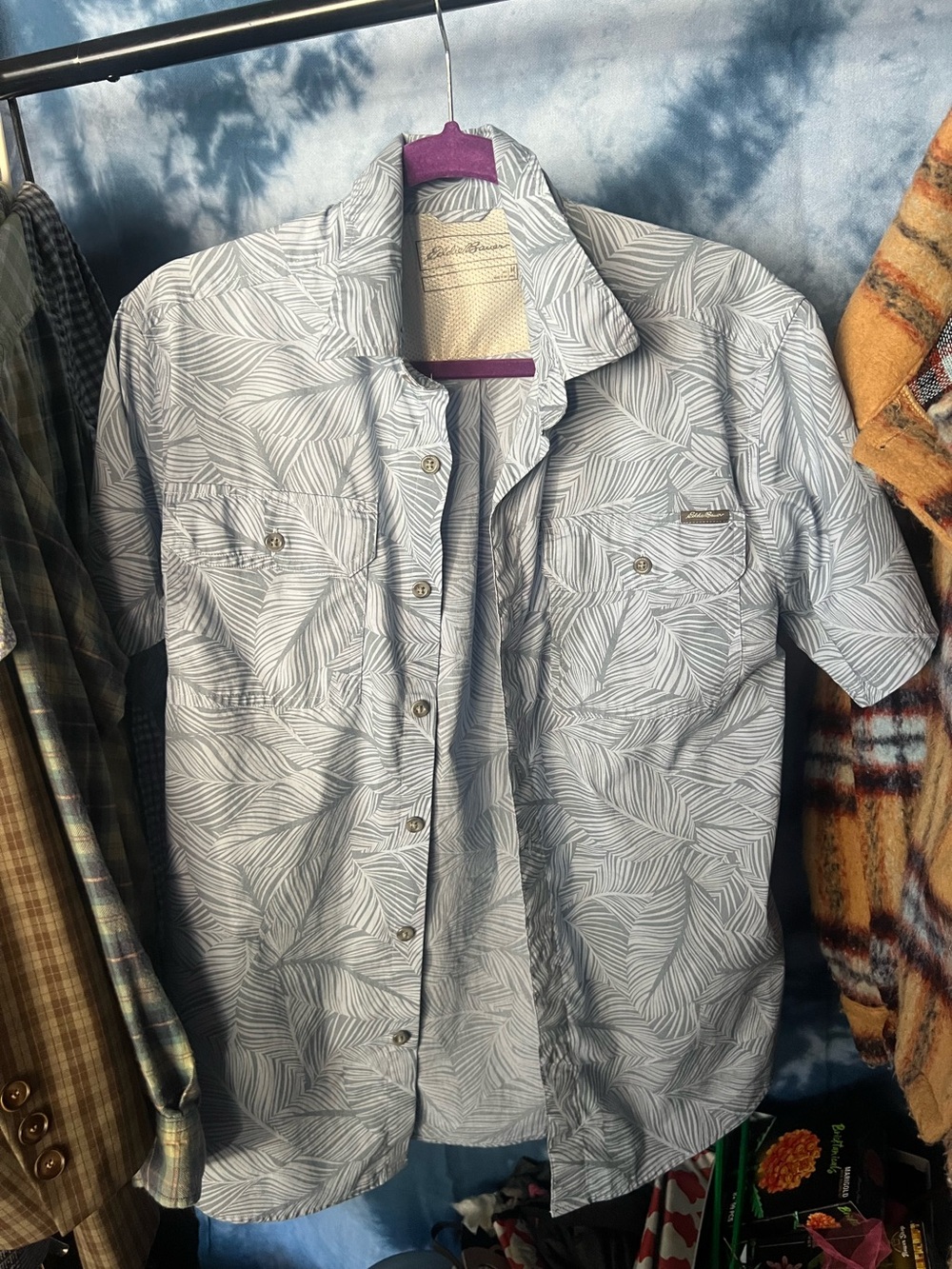 Eddie Bauer Light Blue Leaf-Print Short Sleeve Button-Down